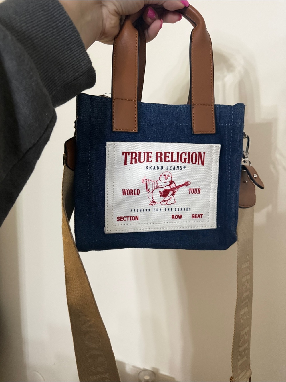 True Religion Navy Denim and Tan Leather Mini Crossbody Tote